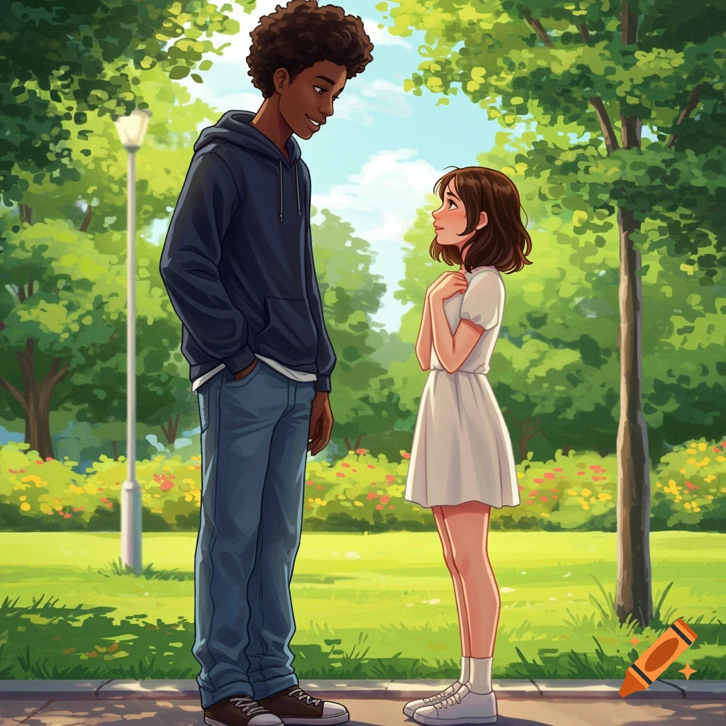 A Black boy and white girl look at each other in a park.