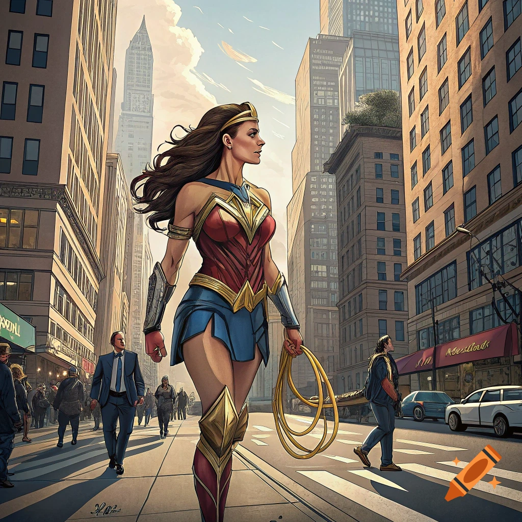 Wonder Woman walks on a city street holding her golden lasso.