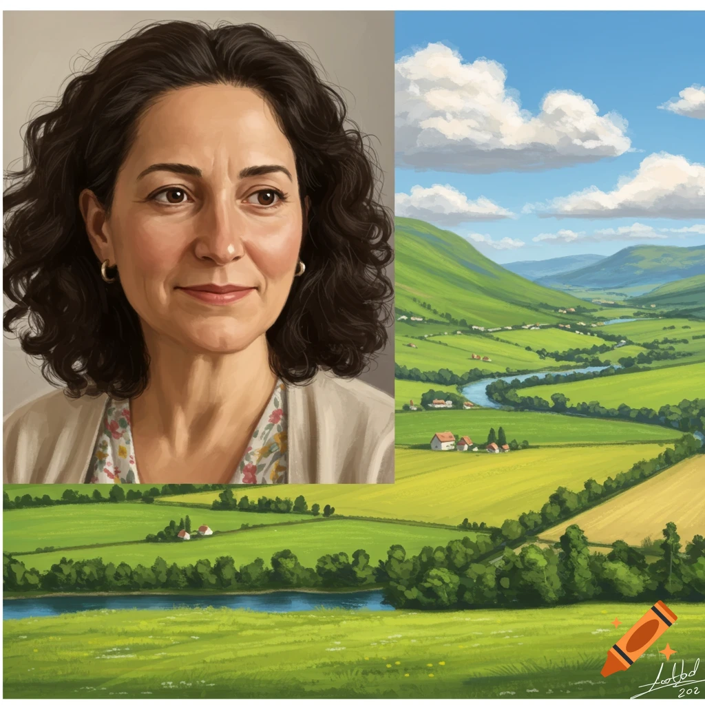 Split image: a woman's portrait and a green valley landscape with river and houses.