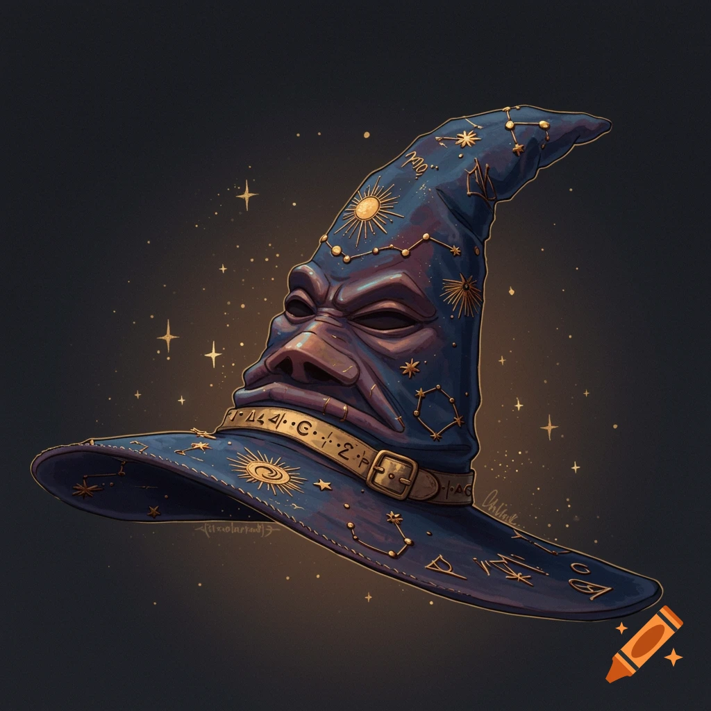A magical talking sorting hat adorned with constellations and symbols.