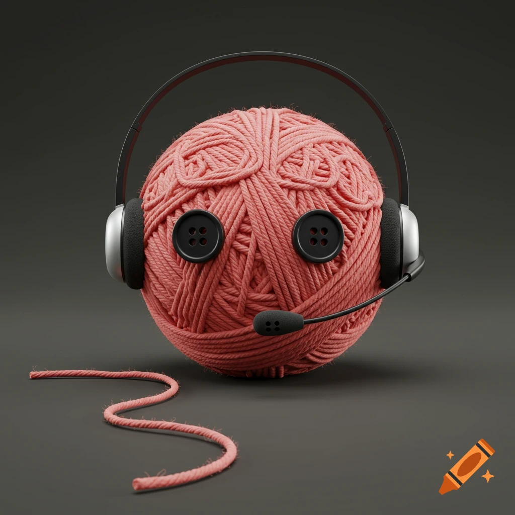 A ball of pink yarn with black button eyes wears a headset, photorealistic.