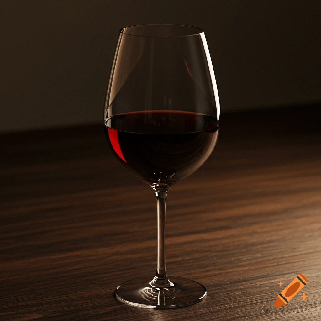A glass of red wine on a wooden table.