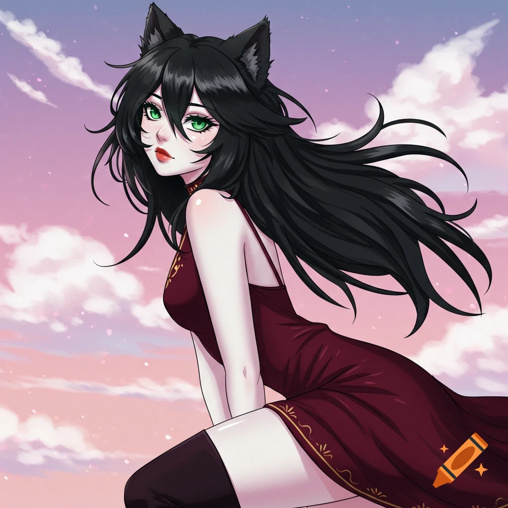 Anime woman with black hair and cat ears in a red dress against a cloudy sky.