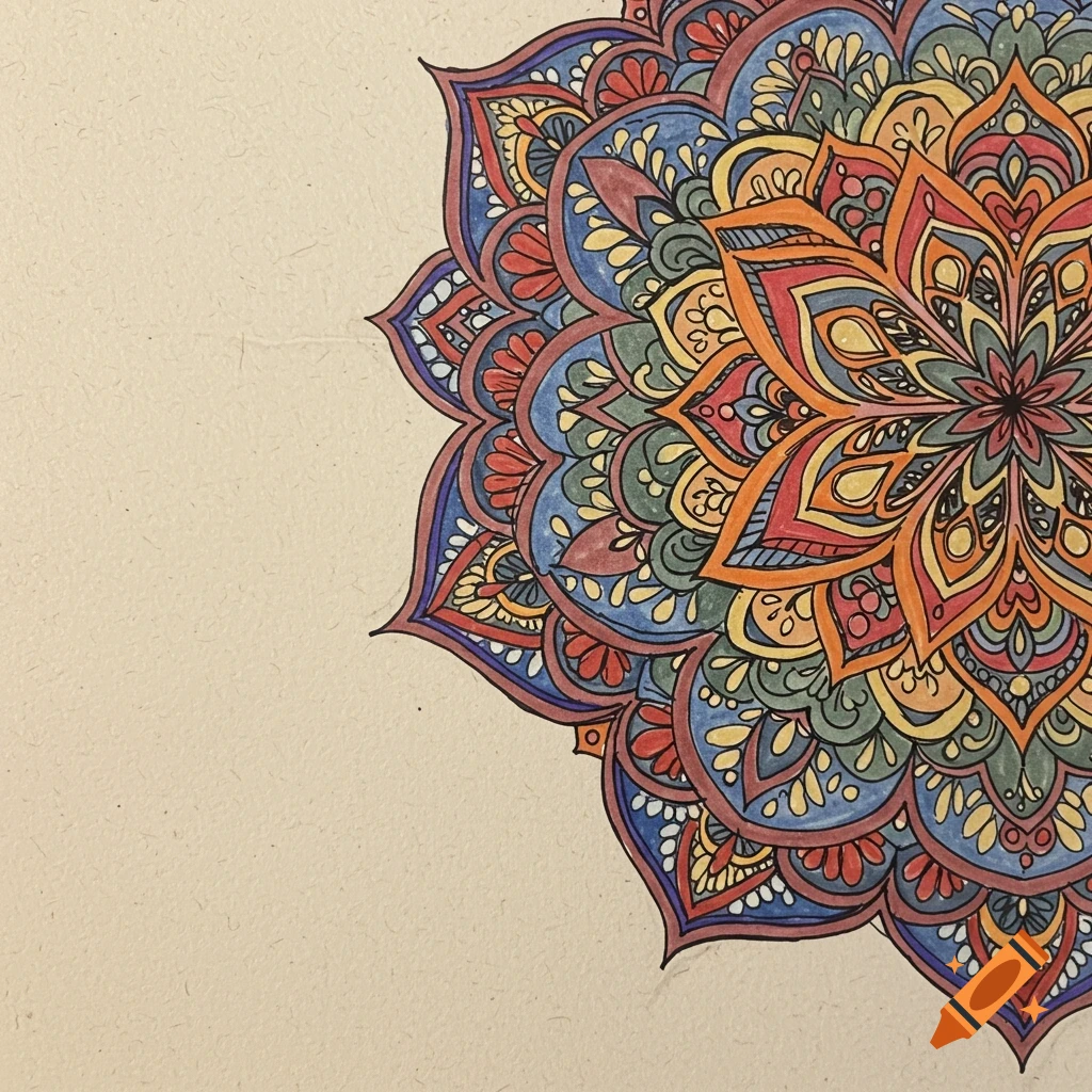 A colorful hand-drawn style mandala illustration on a textured paper background.