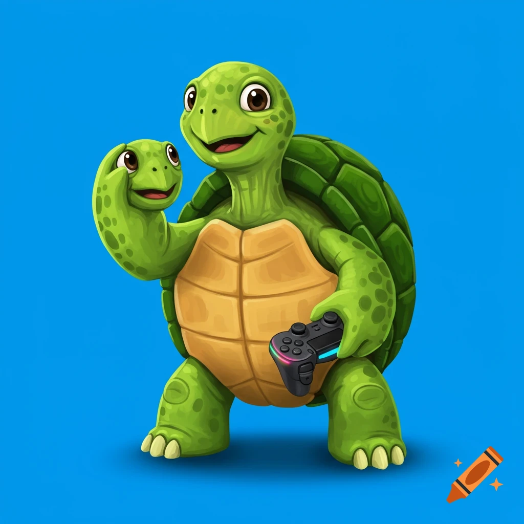 Cartoon turtle holding its detached head and a video game controller