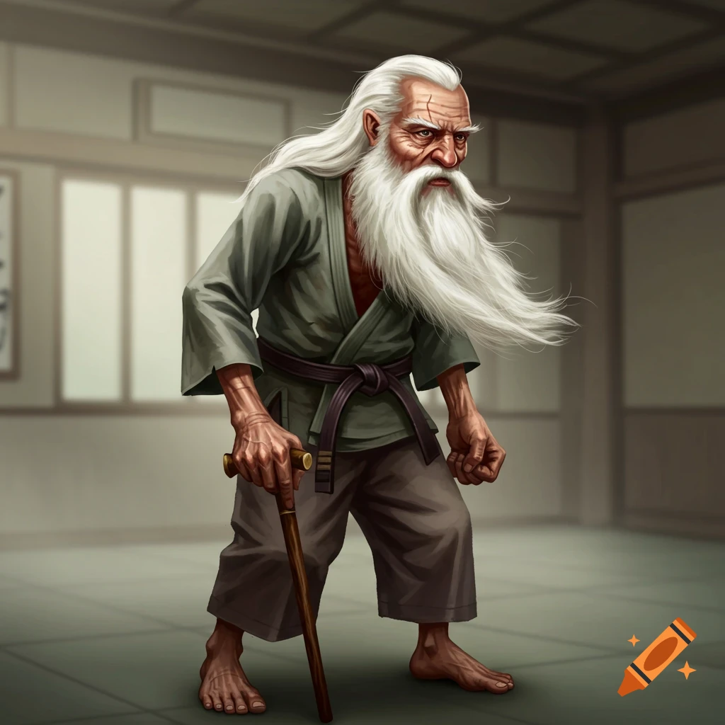 An old man with a long white beard, wearing a gi and holding a cane, in a dojo.