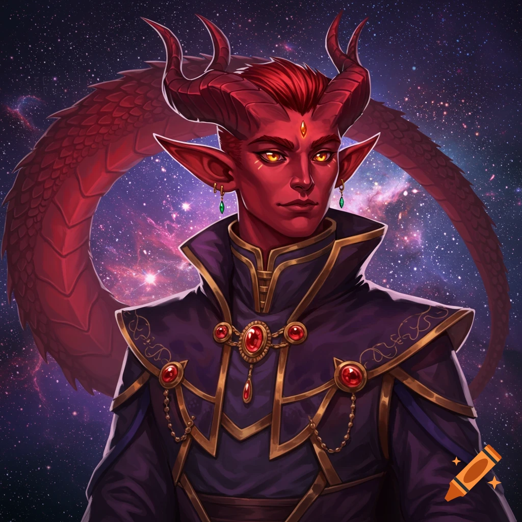 A red-skinned Tiefling sorcerer with horns and a draconic tail is shown against a starry space background.
