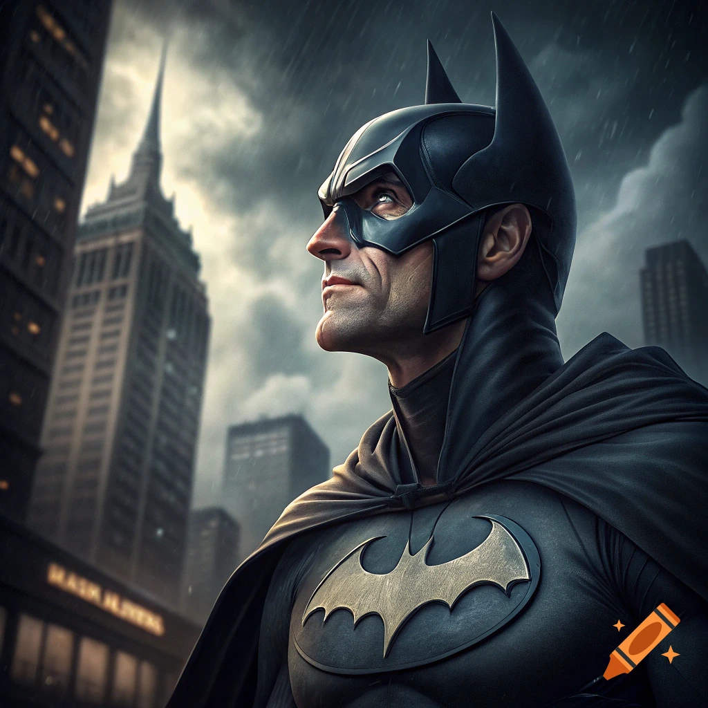 Batman stands looking up in a rainy city.
