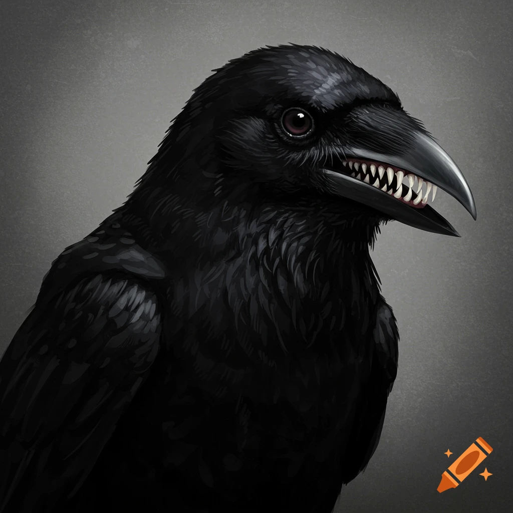 A black crow with human eyes and sharp teeth in its beak.