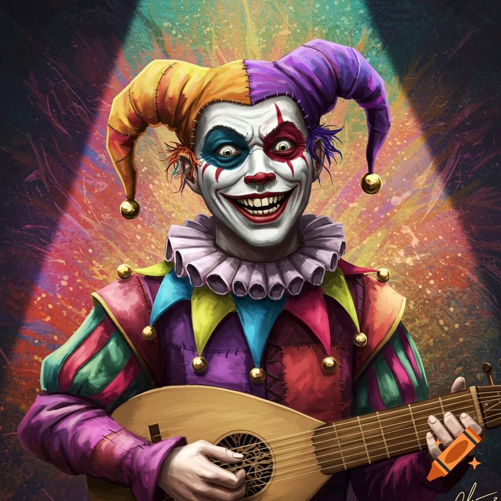 A creepy jester in a colorful hat playing a lute.