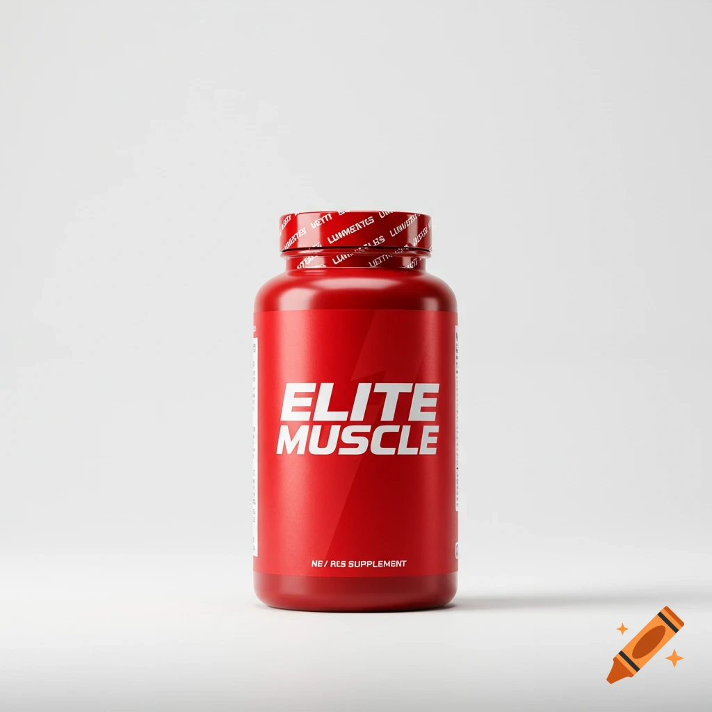 Red supplement bottle with 'Elite Muscle' label on a white background.