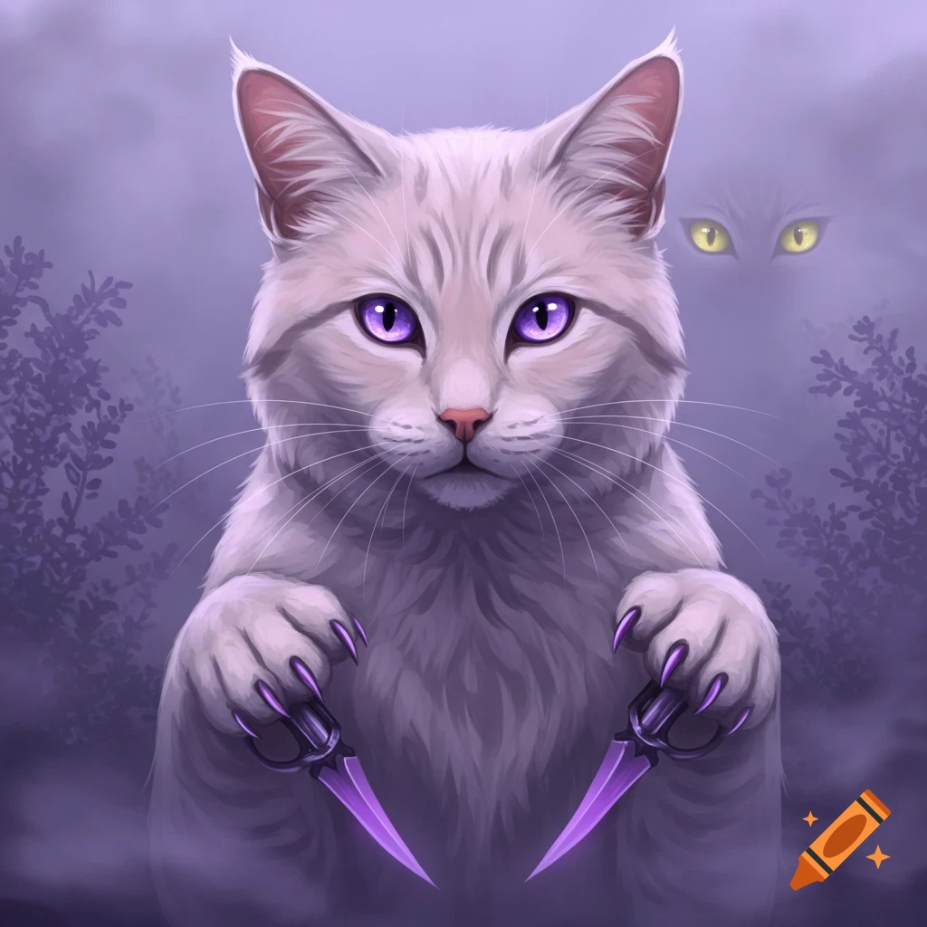 A light gray cat with purple eyes holds purple daggers in a misty forest with yellow eyes watching.