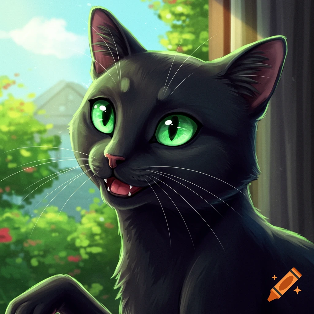 A black cat with vibrant green eyes looking out a window.