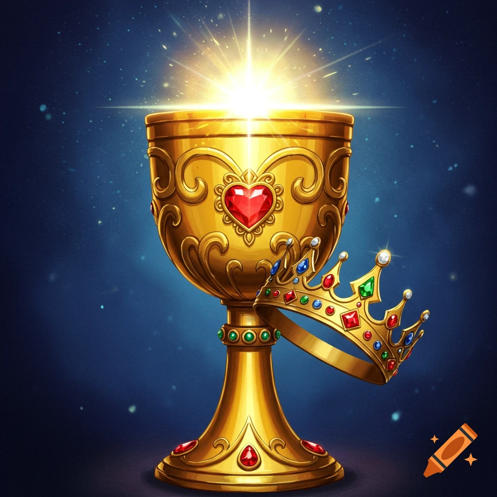 A golden chalice glowing with light and a jeweled crown