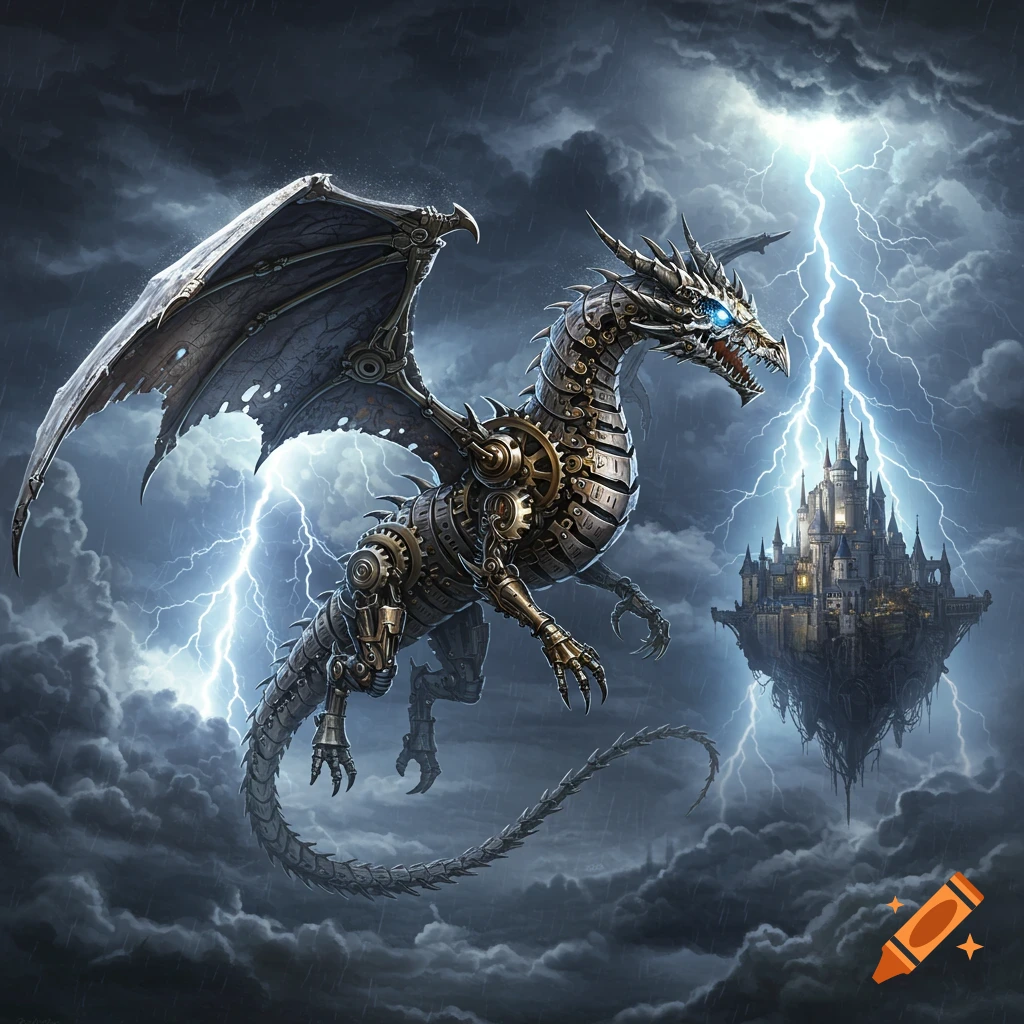 A detailed silver clockwork dragon flying over a floating castle during a thunderstorm.
