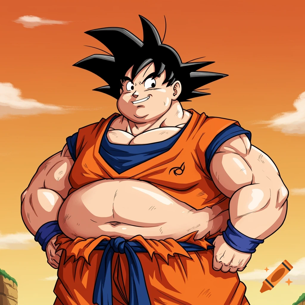 Anime drawing of an overweight Goku in his orange gi against an orange sky.