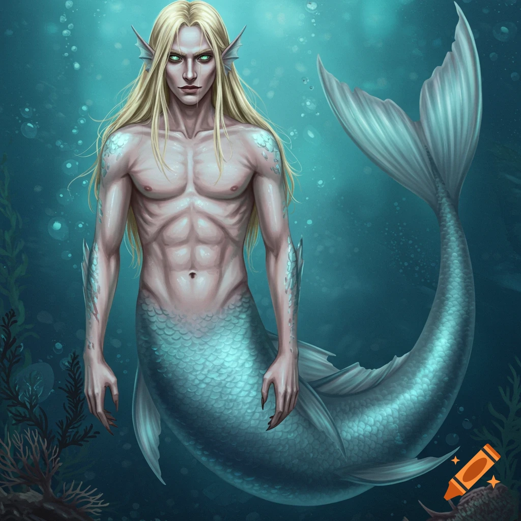A blonde merman with green eyes underwater