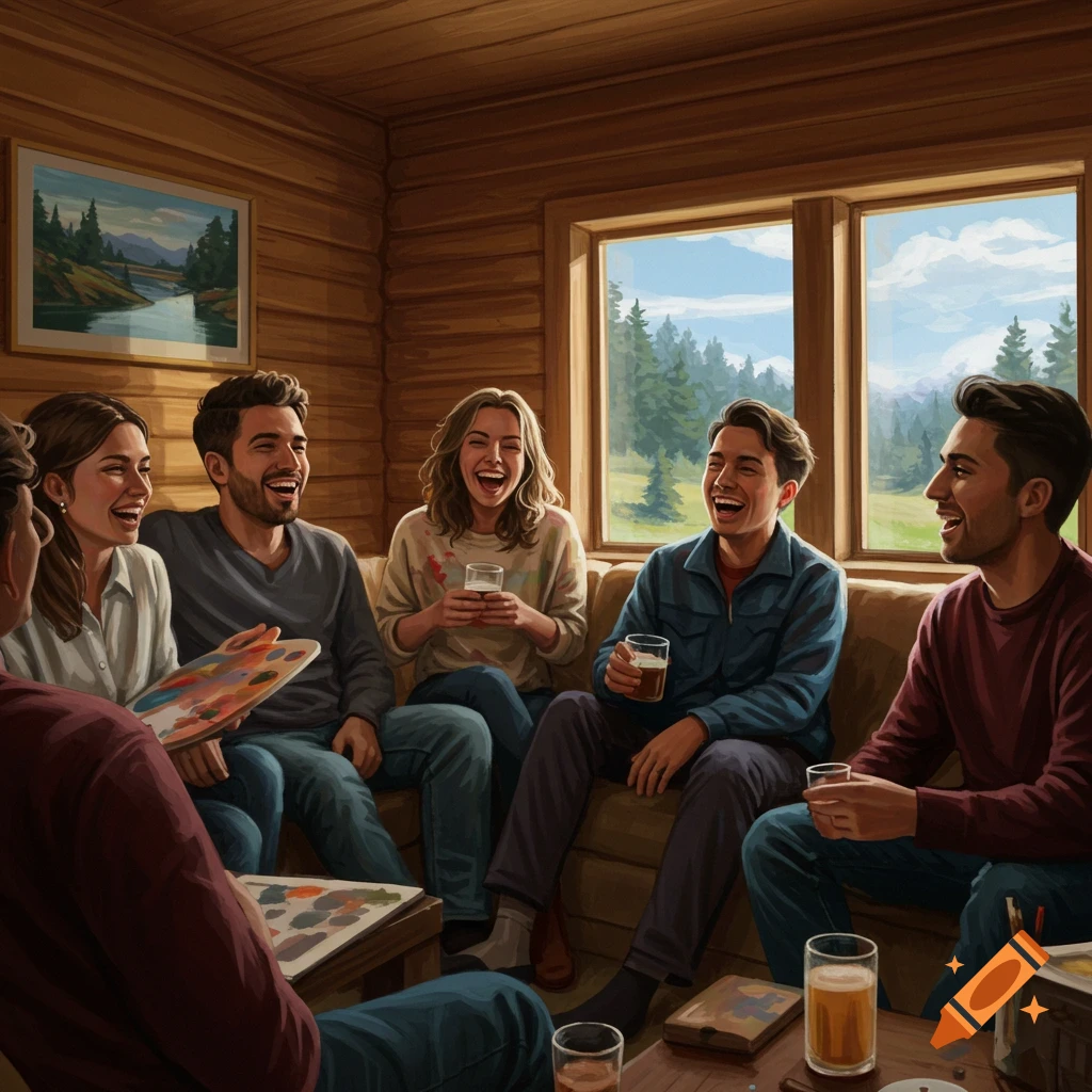 Friends laughing and talking in a cozy log cabin.