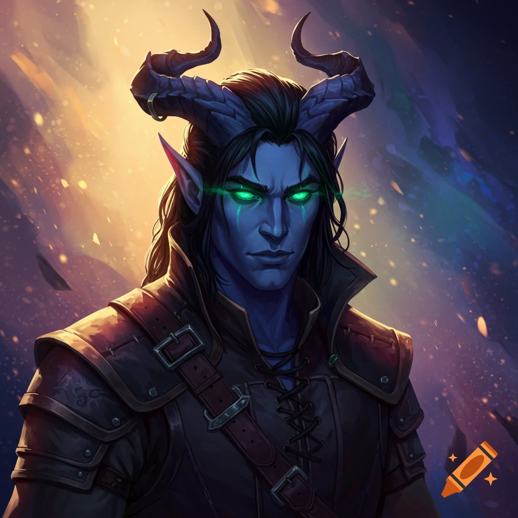 A blue-skinned male tiefling with horns and glowing green eyes.