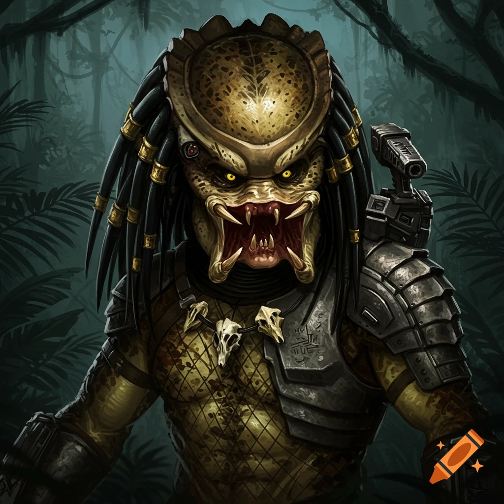 A portrait of the Predator alien creature standing in a jungle.
