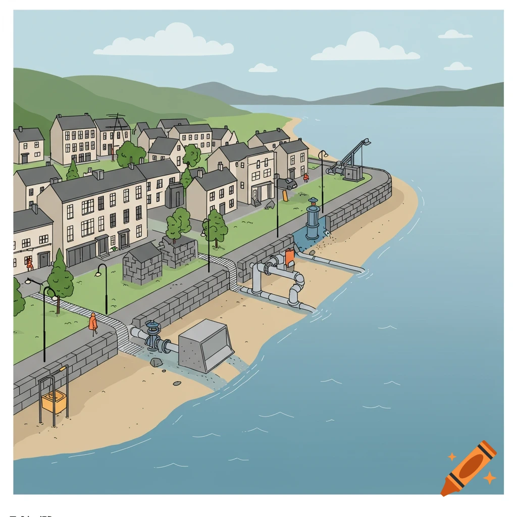 Cartoon illustration of a coastal town with flood risk management infrastructure.