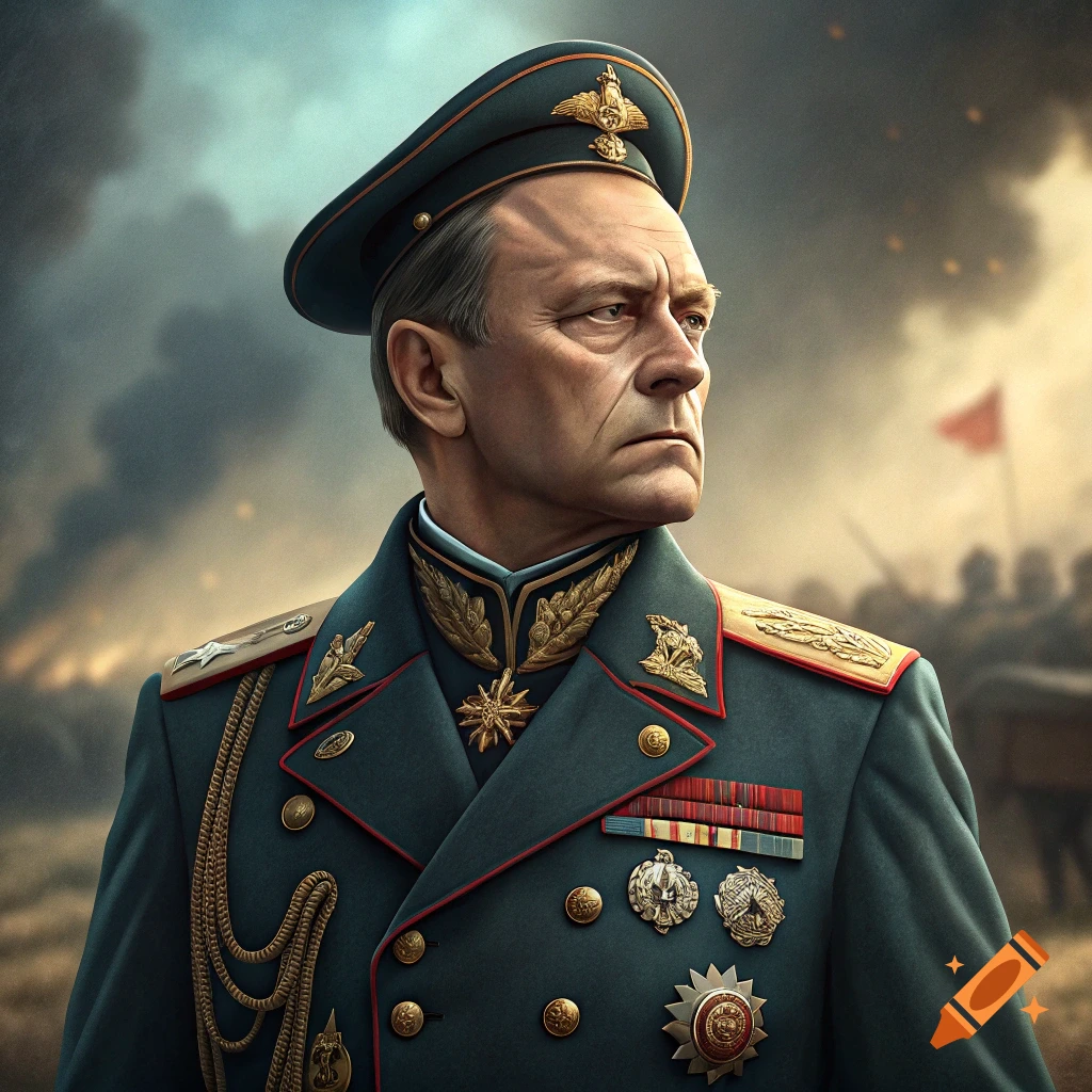 Portrait of a stern general in uniform against a dramatic sky backdrop.