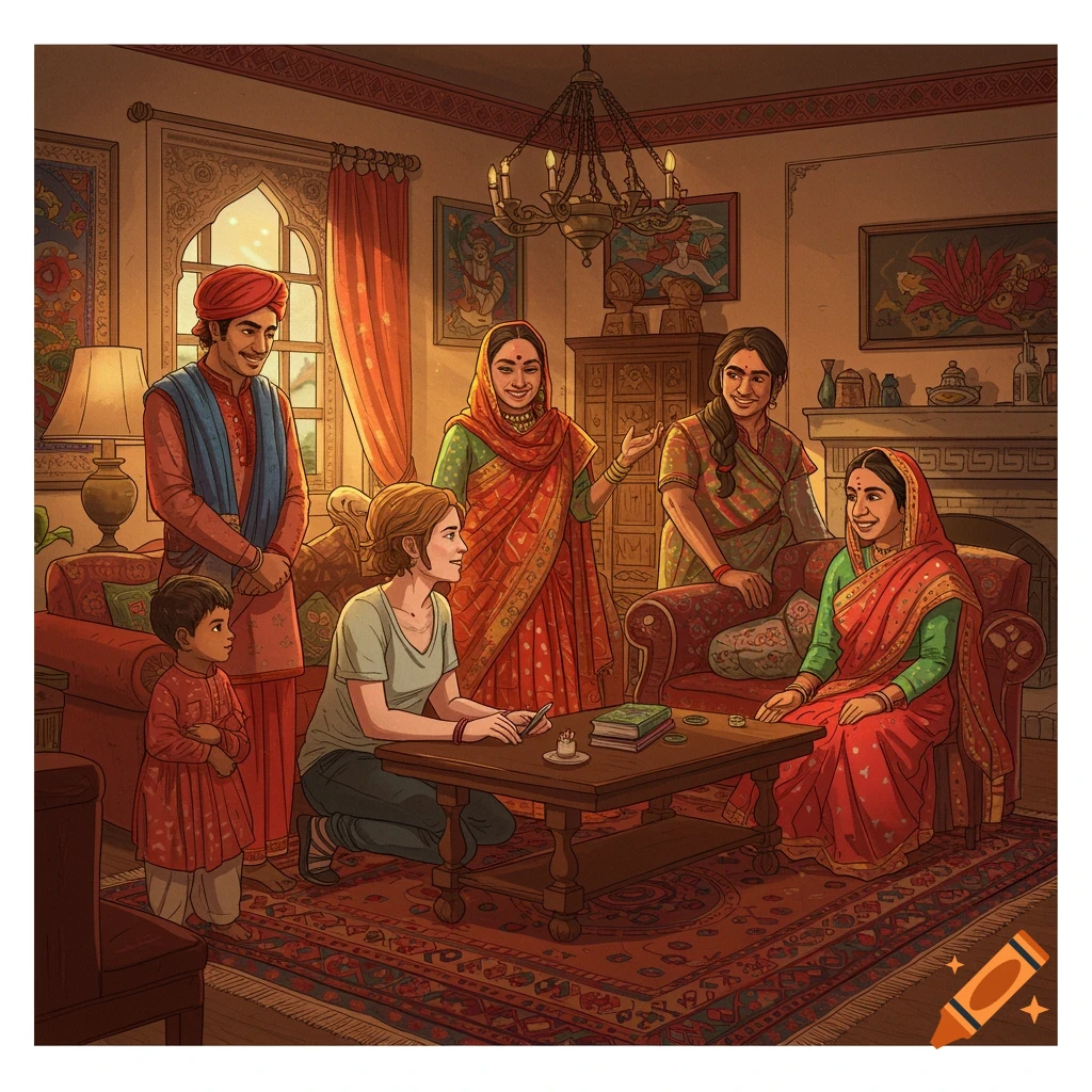 A South Asian family in traditional attire and an American guest in a living room, smiling and interacting around a table.