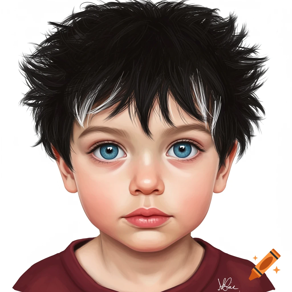 Hyperrealistic portrait of a young boy with black and white spiky hair and blue eyes.