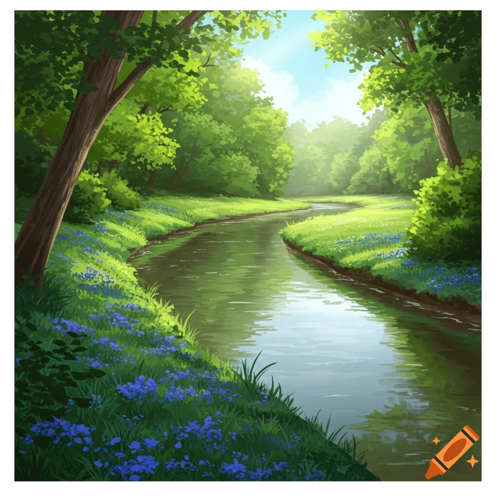 A river flows through a sunlit forest with green grass and blue flowers.