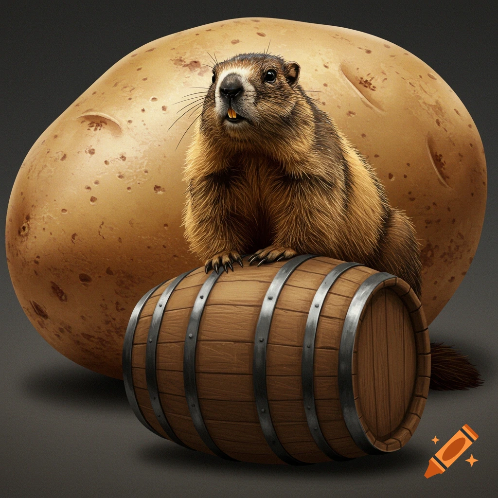 A marmot sitting on a barrel in front of a giant potato.