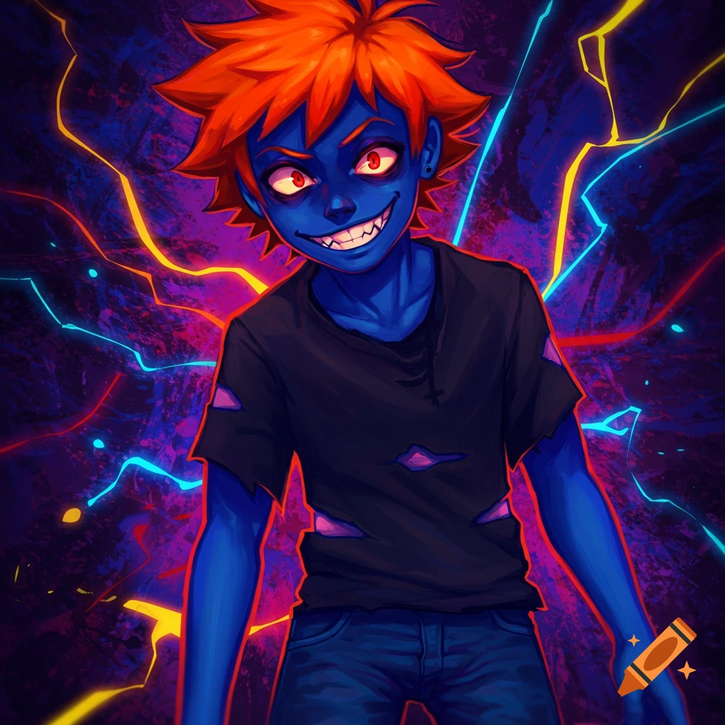 A blue-skinned person with red spiky hair and sharp teeth grins in a dark, electric background.