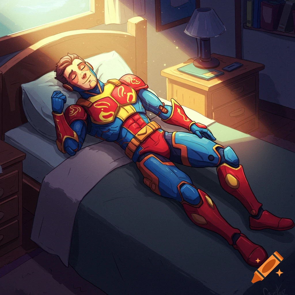 A person in a superhero suit sleeping in a sunlit bedroom.
