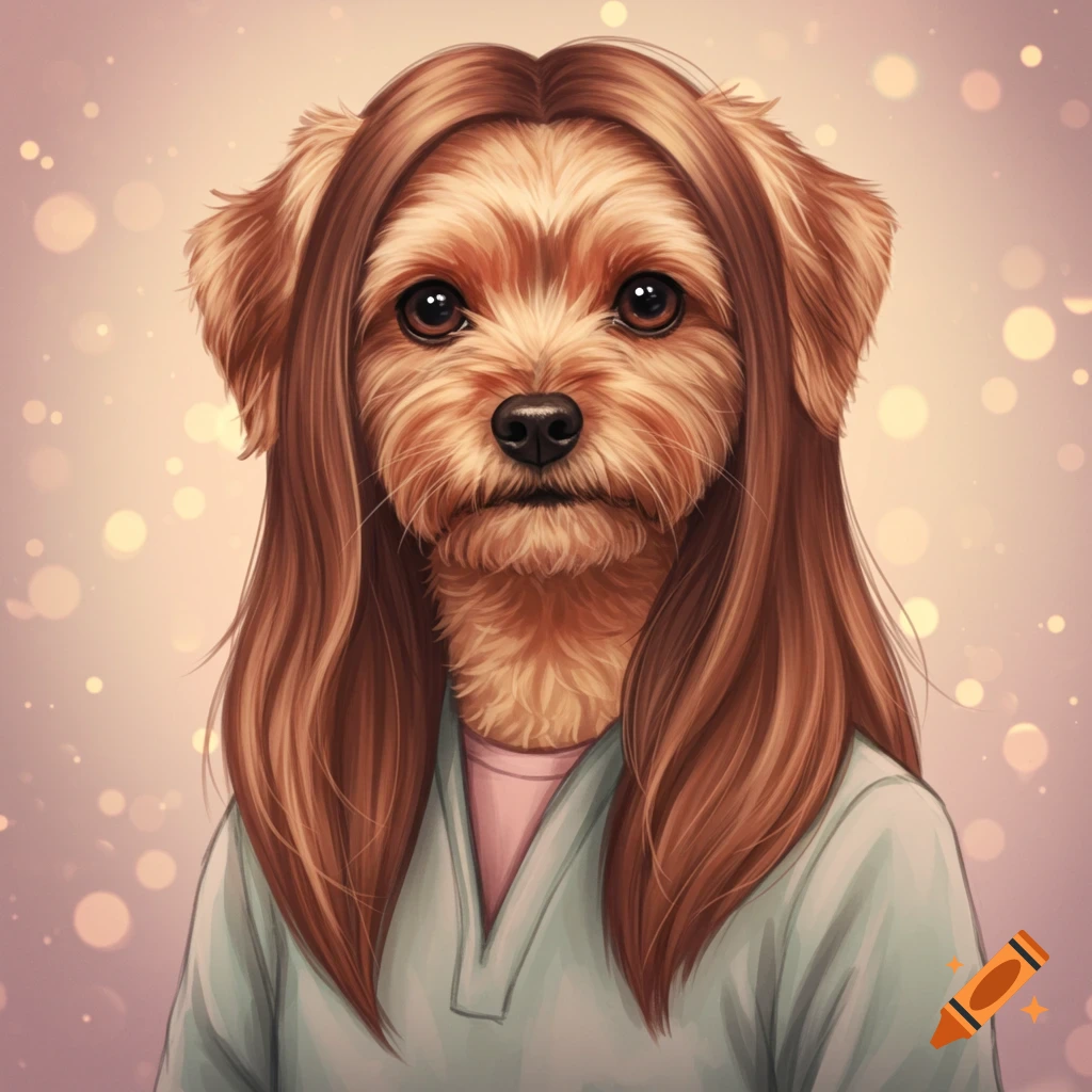 A Yorkshire Terrier dog with long hair and a human-like body is wearing a green shirt.