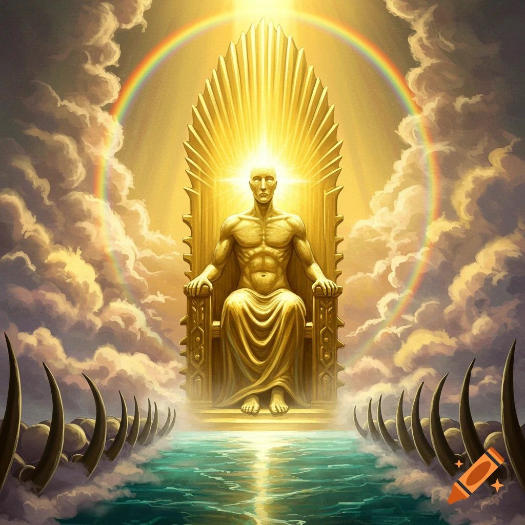 A golden figure sits on a throne in the sky, surrounded by clouds and a rainbow, with a sea and horns below.