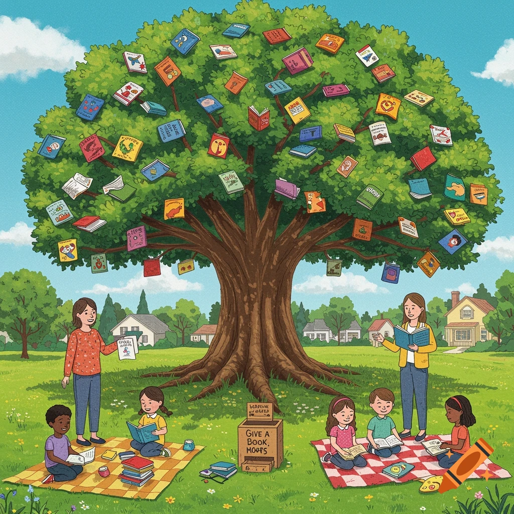 Children and adults reading under a large tree filled with books in a park.