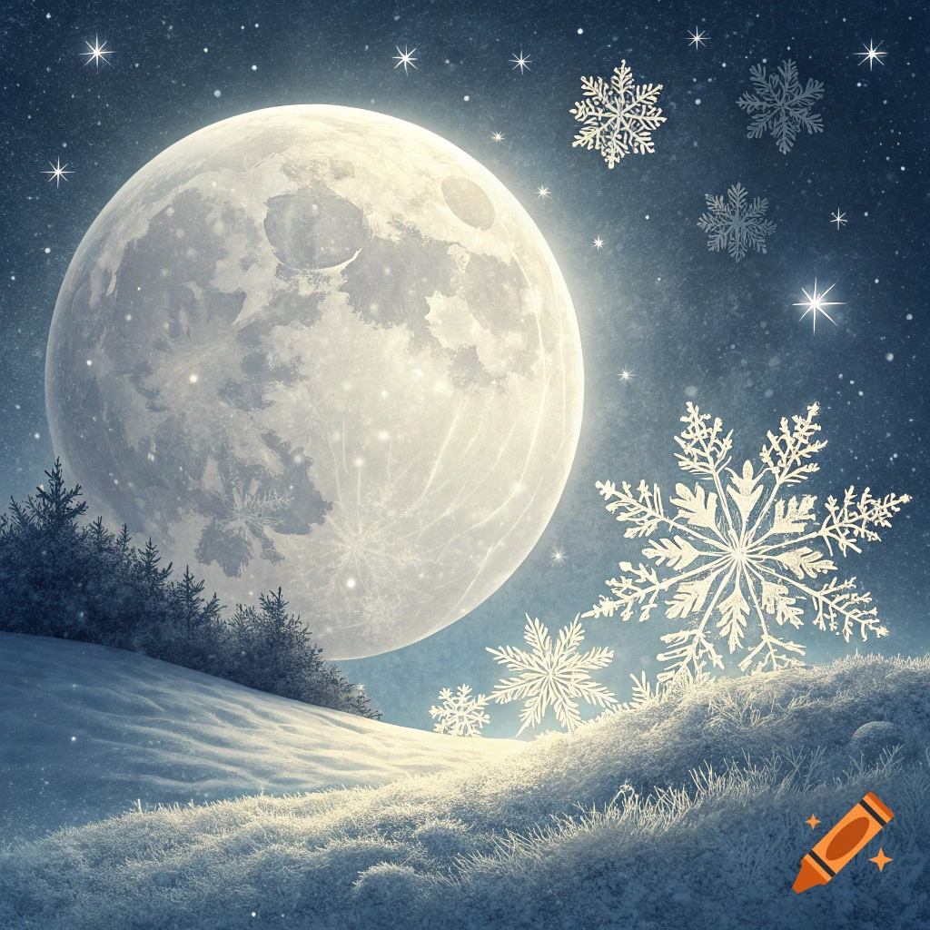 A large full moon hangs over a snowy winter landscape with pine trees and giant snowflakes under a starry night sky.
