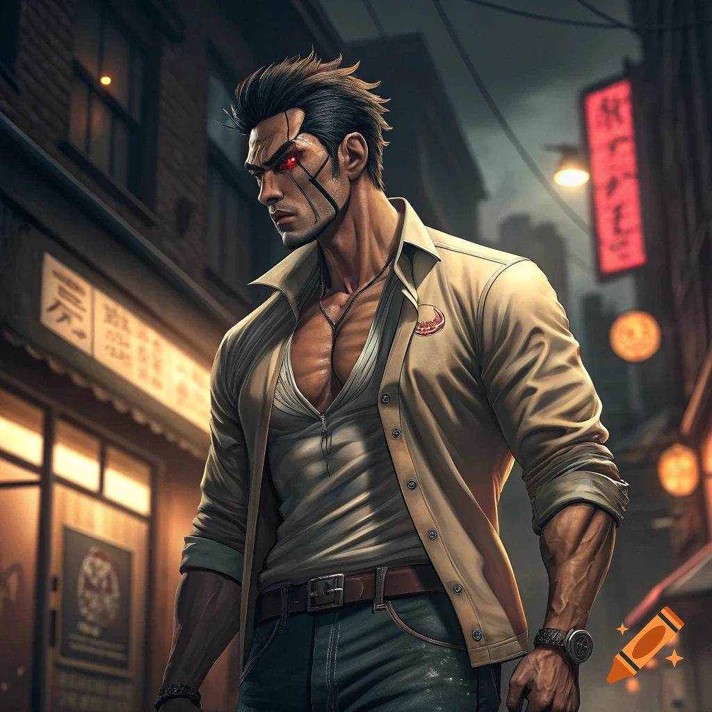 Muscular man with facial markings, glowing eyes, and open shirt stands on a city street at night. Digital art.