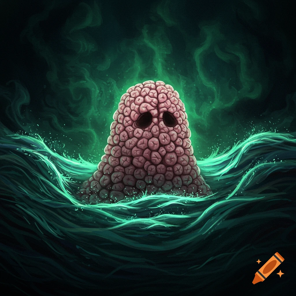 A brain-like ghostly creature emerging from swirling green water with a spectral green aura.