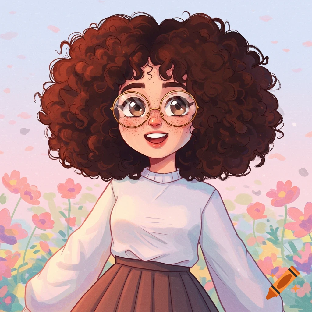 Cartoon portrait of a smiling girl with curly hair and glasses in a flower field.