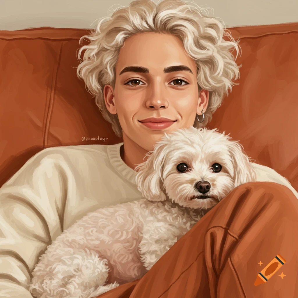 A young person with curly blonde hair is sitting on a couch, holding a small white dog.