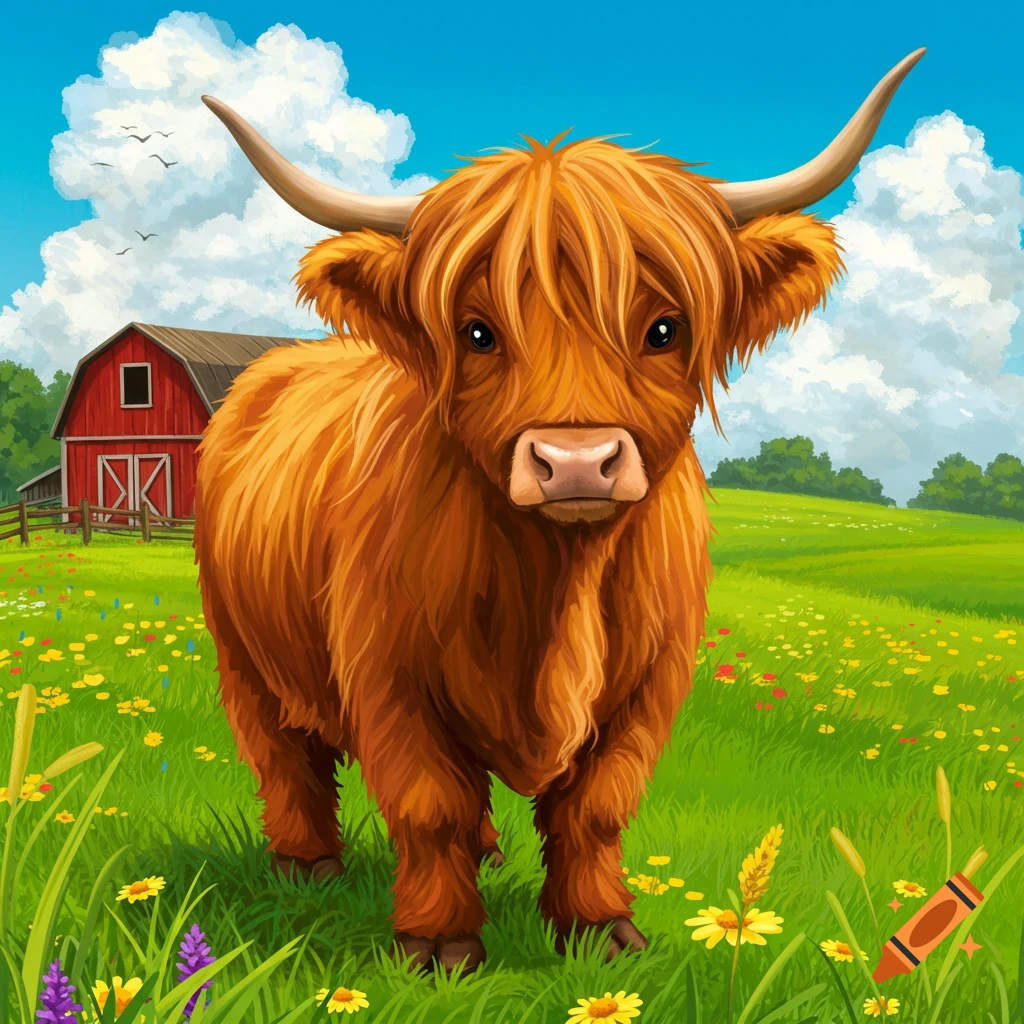 A cute highland cow is standing in a field with a red barn.