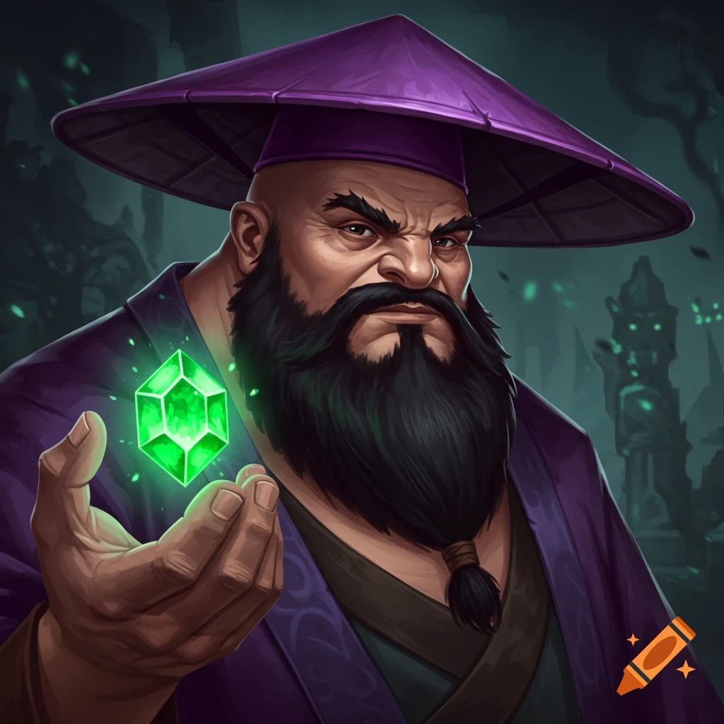 A bald man with a black beard and purple conical hat holding a glowing green emerald.