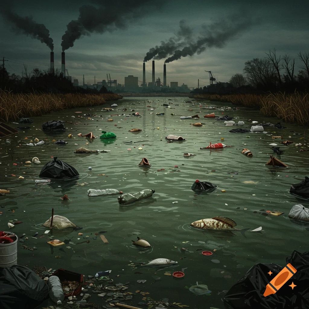 A heavily polluted river filled with trash and dead fish, with smoking industrial chimneys in the background.