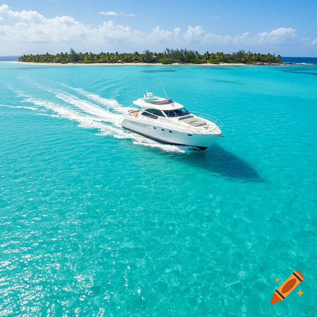 A white motorboat cruises through clear turquoise water near a tropical island.