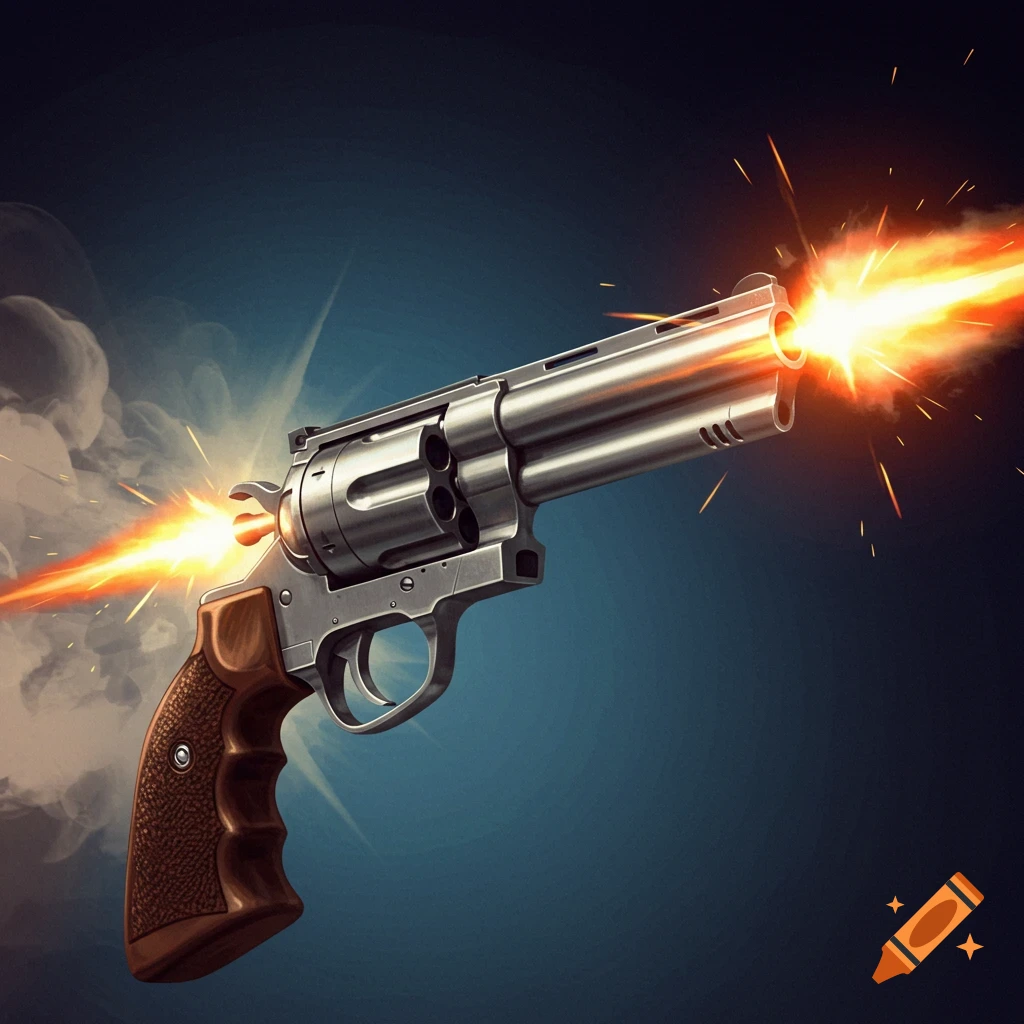 A stainless steel revolver firing with muzzle flash and smoke.
