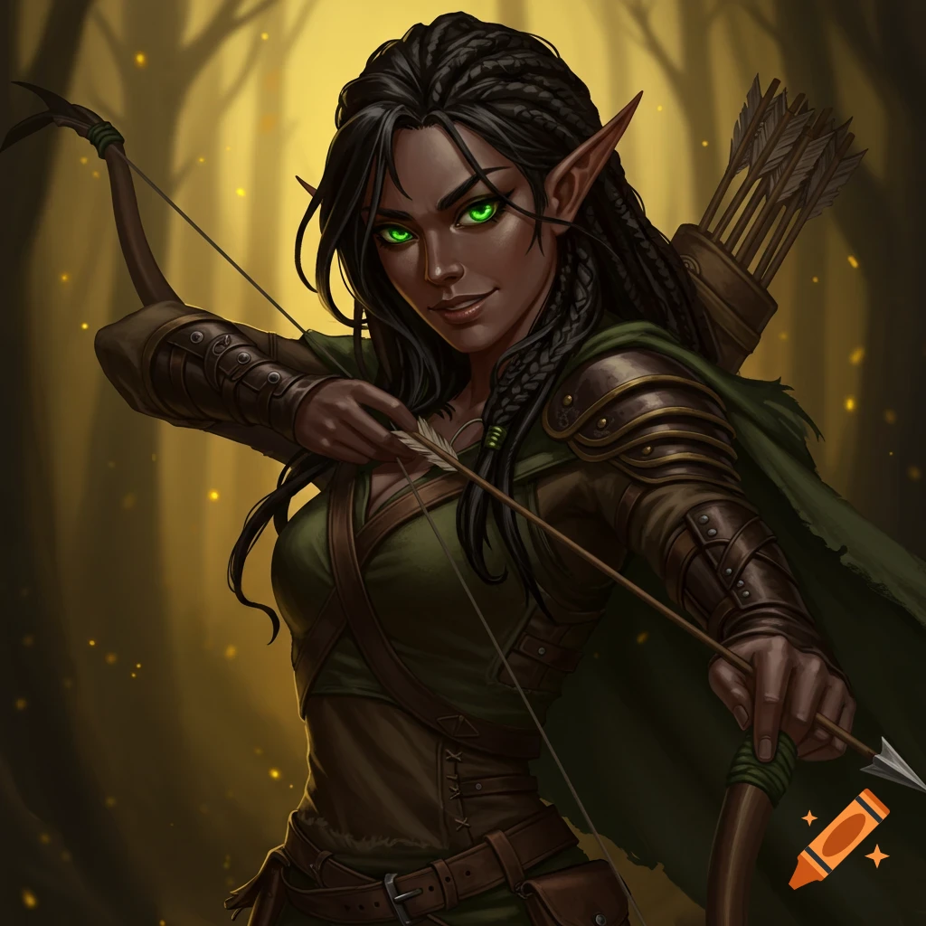 Dark-skinned half-elf female archer with green eyes and smirk draws a longbow in a forest.