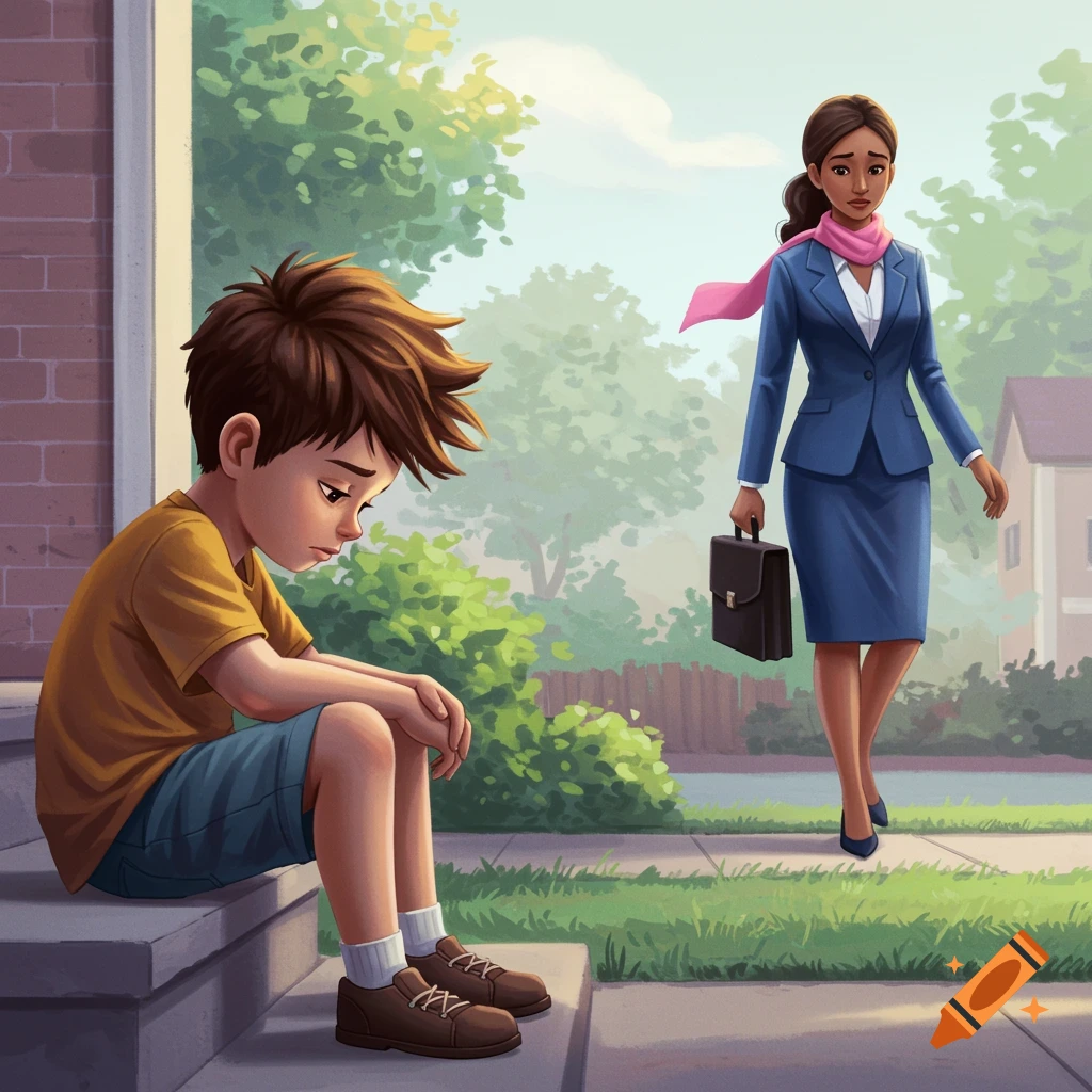 A sad boy sits on steps as his mom in a suit walks away.