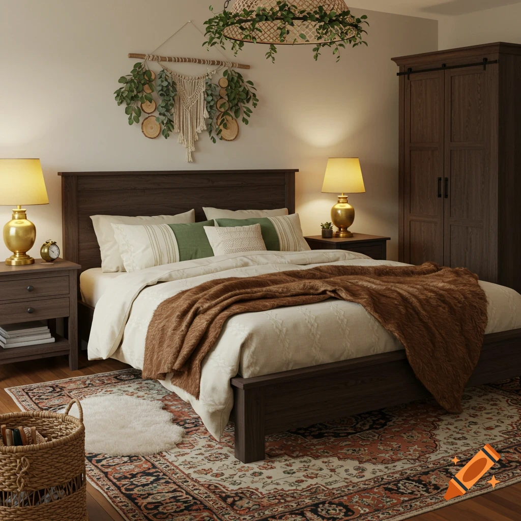 A cozy, rustic bohemian bedroom with a dark wood bed, cream bedding, brown throw, and boho wall hanging.