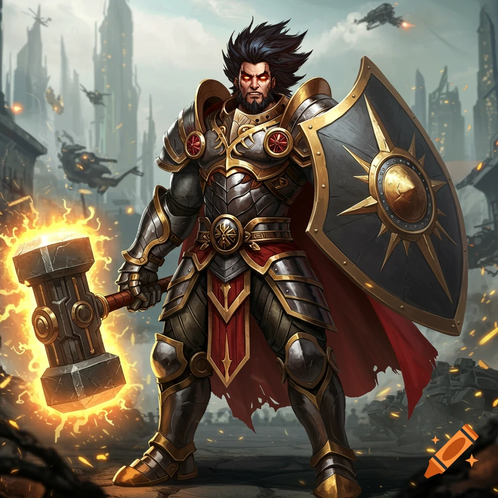 An anime fantasy warrior holding a glowing hammer and shield.