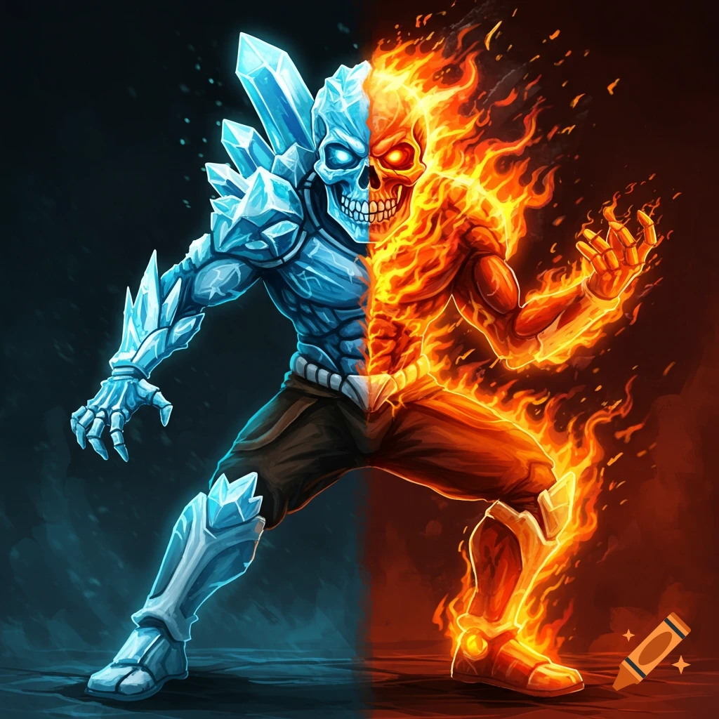 Half ice, half fire skull creature in an action pose.